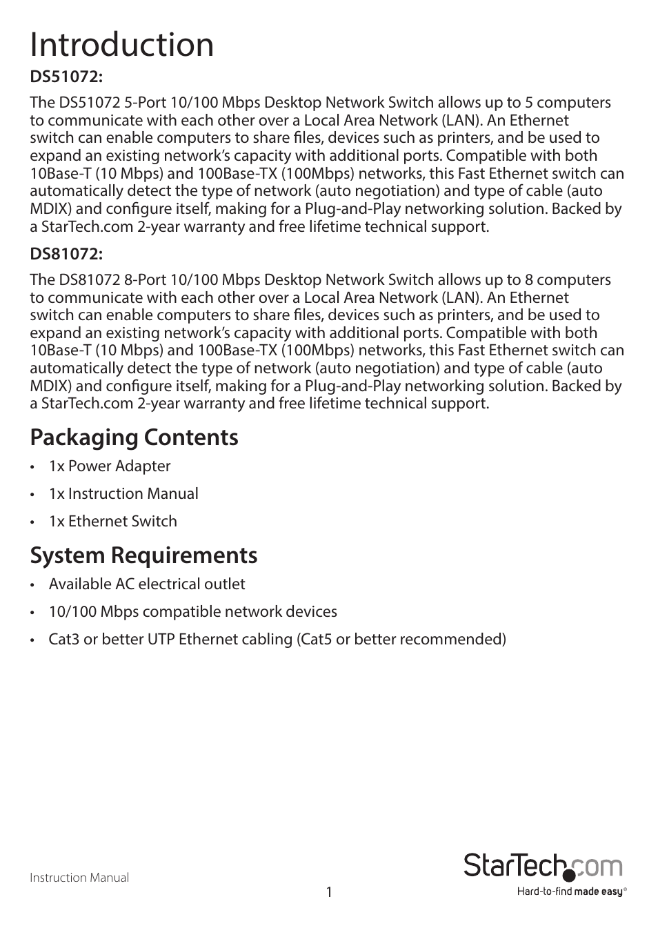 Introduction, Packaging contents, System requirements | StarTech.com DS81072 User Manual | Page 4 / 11