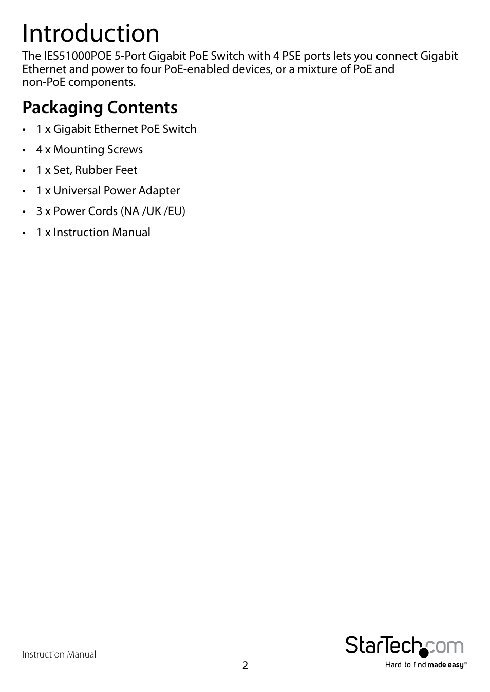 Introduction, Packaging contents | StarTech.com IES51000POE User Manual | Page 5 / 9