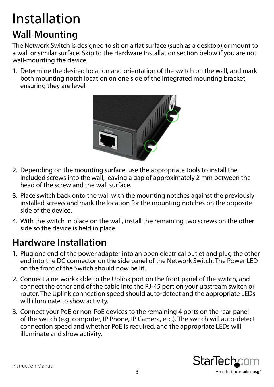 Installation, Wall-mounting, Hardware installation | Wall-mounting hardware installation | StarTech.com IES51000POE User Manual | Page 6 / 9
