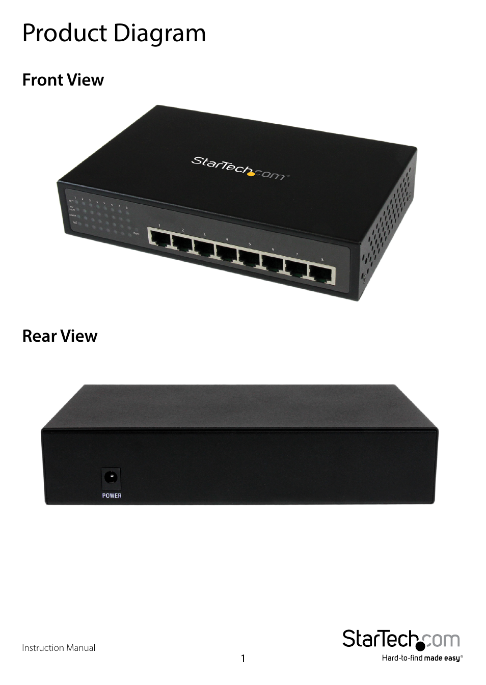 Product diagram, Front view, Rear view | Front view rear view | StarTech.com IES81000POE User Manual | Page 4 / 9