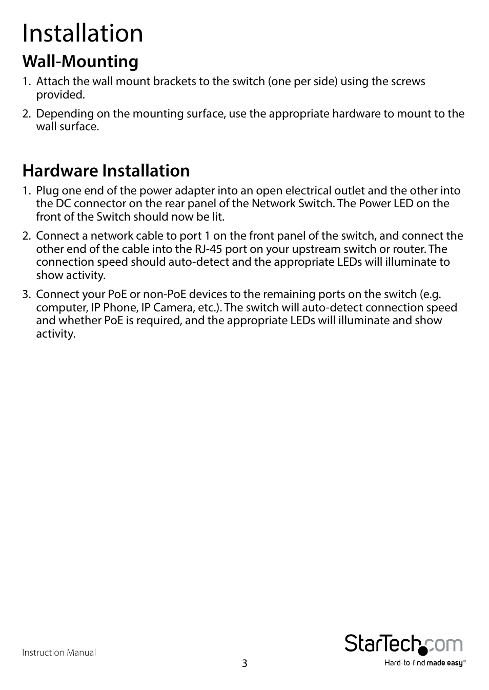 Installation, Wall-mounting, Hardware installation | Wall-mounting hardware installation | StarTech.com IES81000POE User Manual | Page 6 / 9