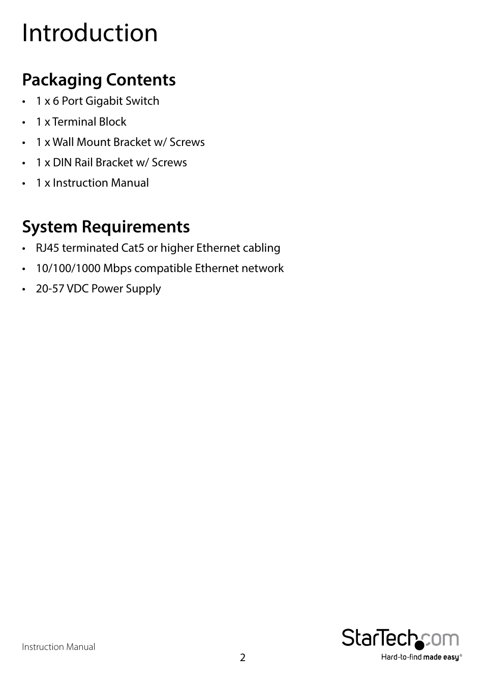Introduction, Packaging contents, System requirements | Packaging contents system requirements | StarTech.com IES61002POE User Manual | Page 5 / 12