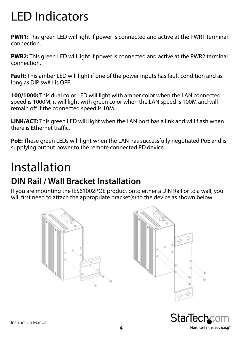 Led indicators, Installation, Din rail / wall bracket installation | StarTech.com IES61002POE User Manual | Page 7 / 12