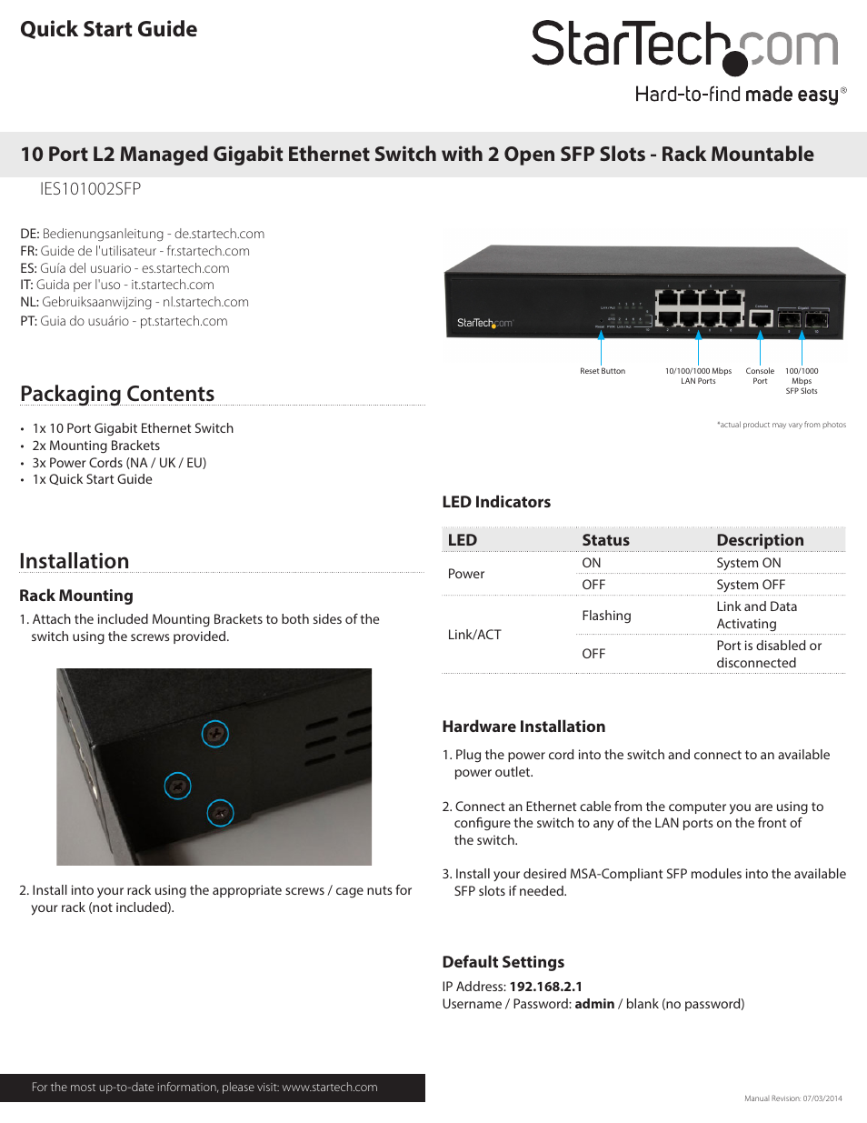 StarTech.com IES101002SFP User Manual | 2 pages