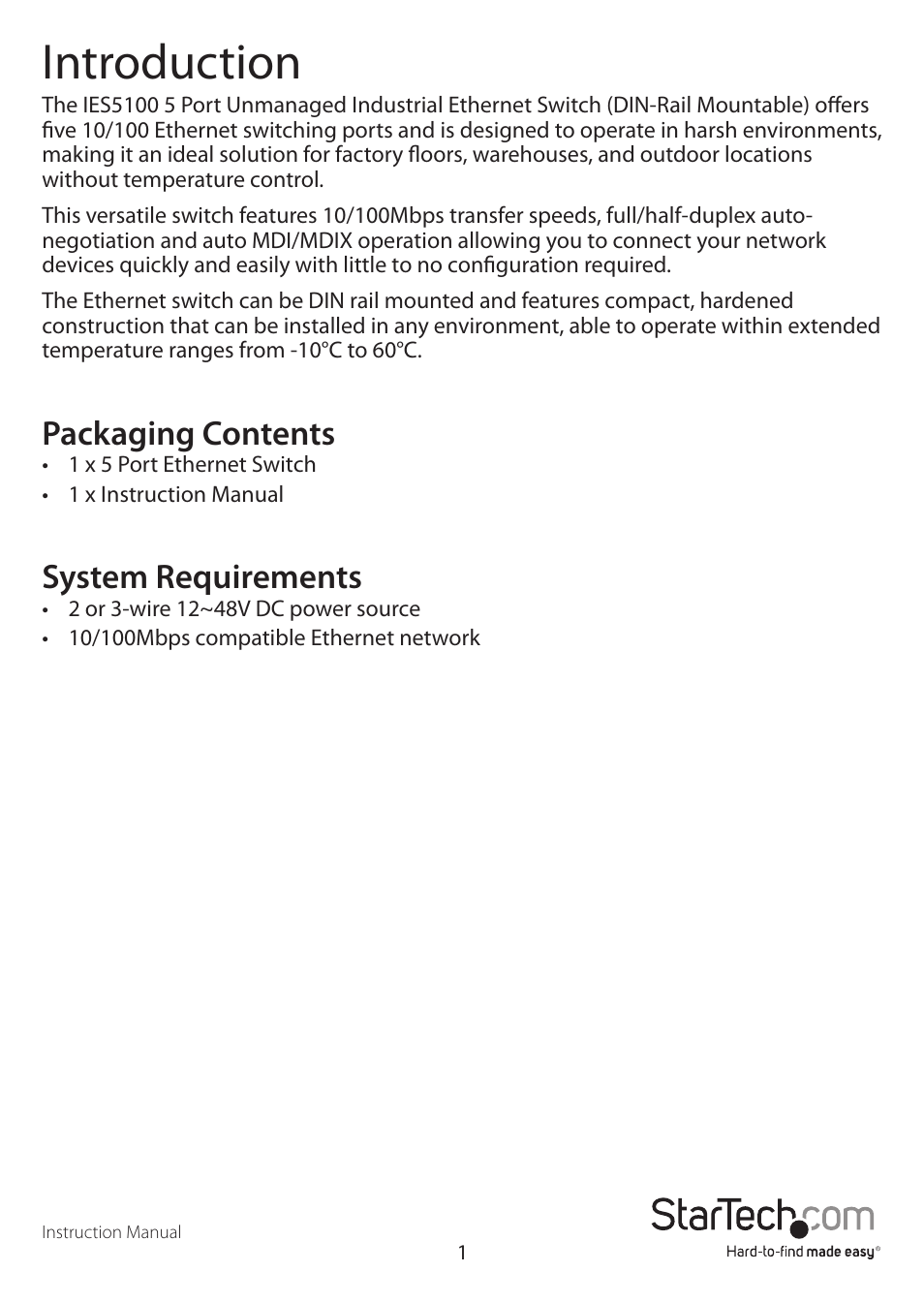 Introduction, Packaging contents, System requirements | StarTech.com IES5100 User Manual | Page 4 / 9