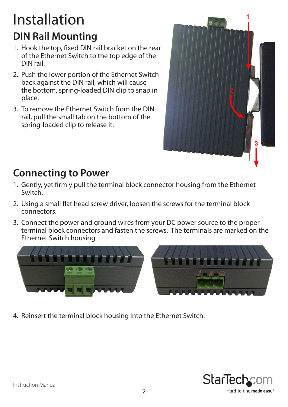 Installation, Din rail mounting, Connecting to power | StarTech.com IES5100 User Manual | Page 5 / 9