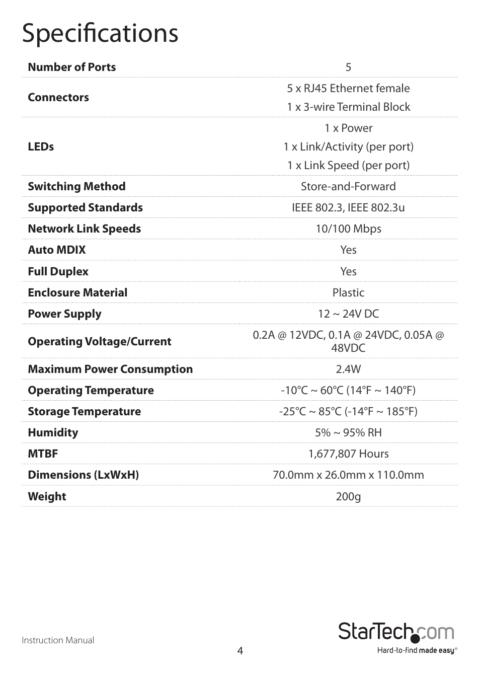 Specifications | StarTech.com IES5100 User Manual | Page 7 / 9