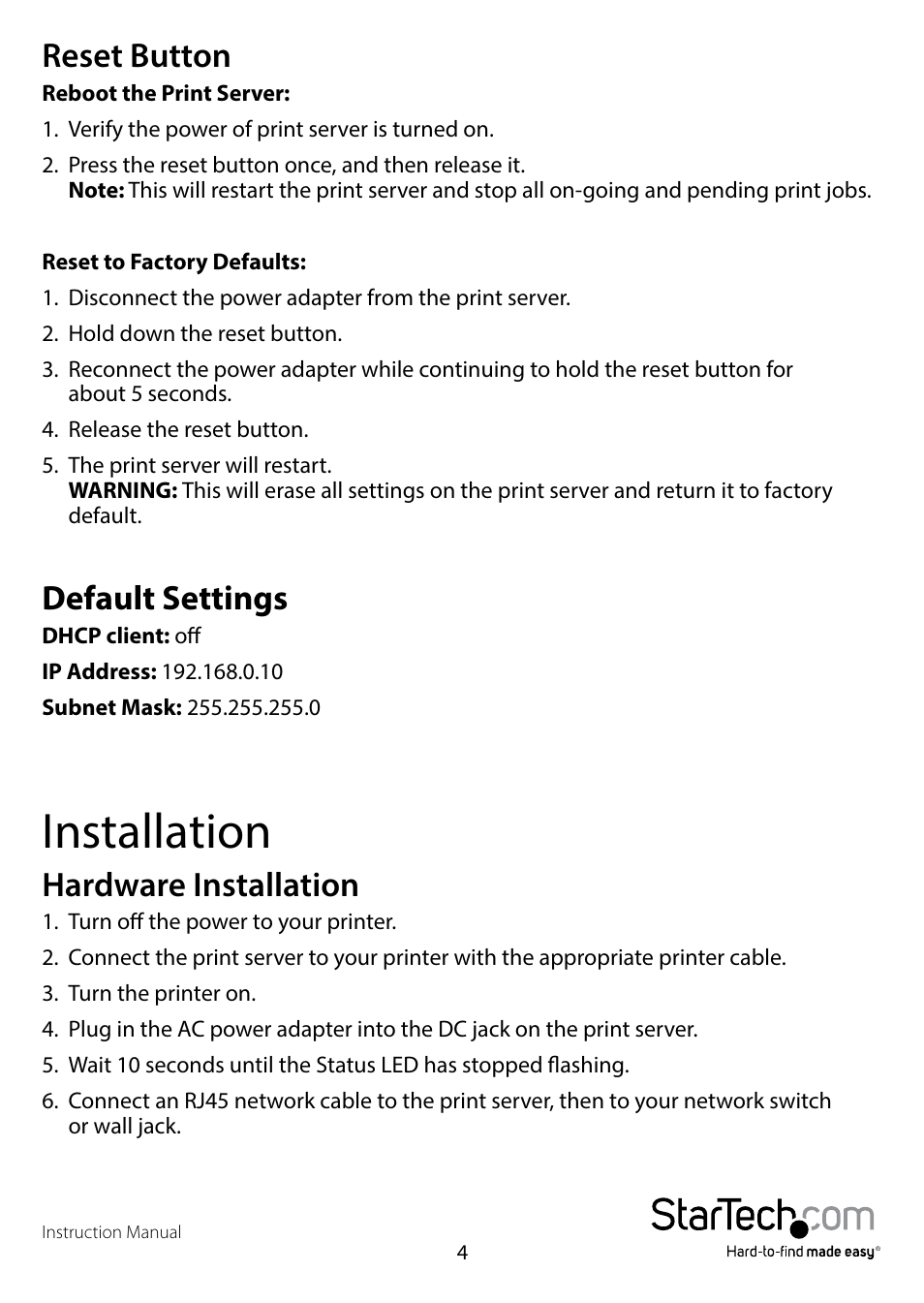 Reset button, Default settings, Installation | Hardware installation, Reset button default settings | StarTech.com PM1115P2 User Manual | Page 6 / 17
