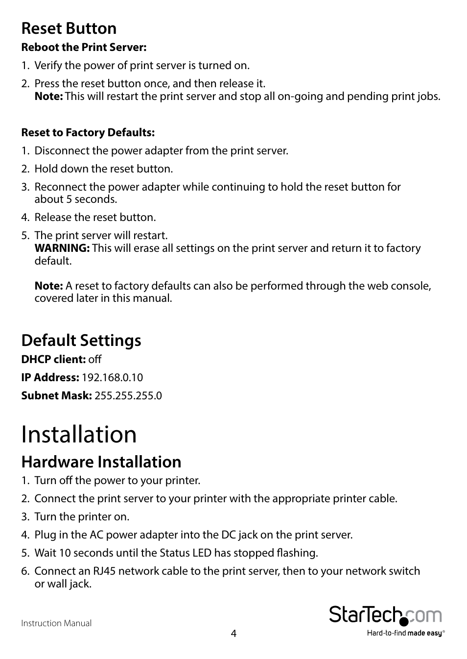 Reset button, Default settings, Installation | Hardware installation, Reset button default settings | StarTech.com PM1115P2 Full User Manual | Page 6 / 41