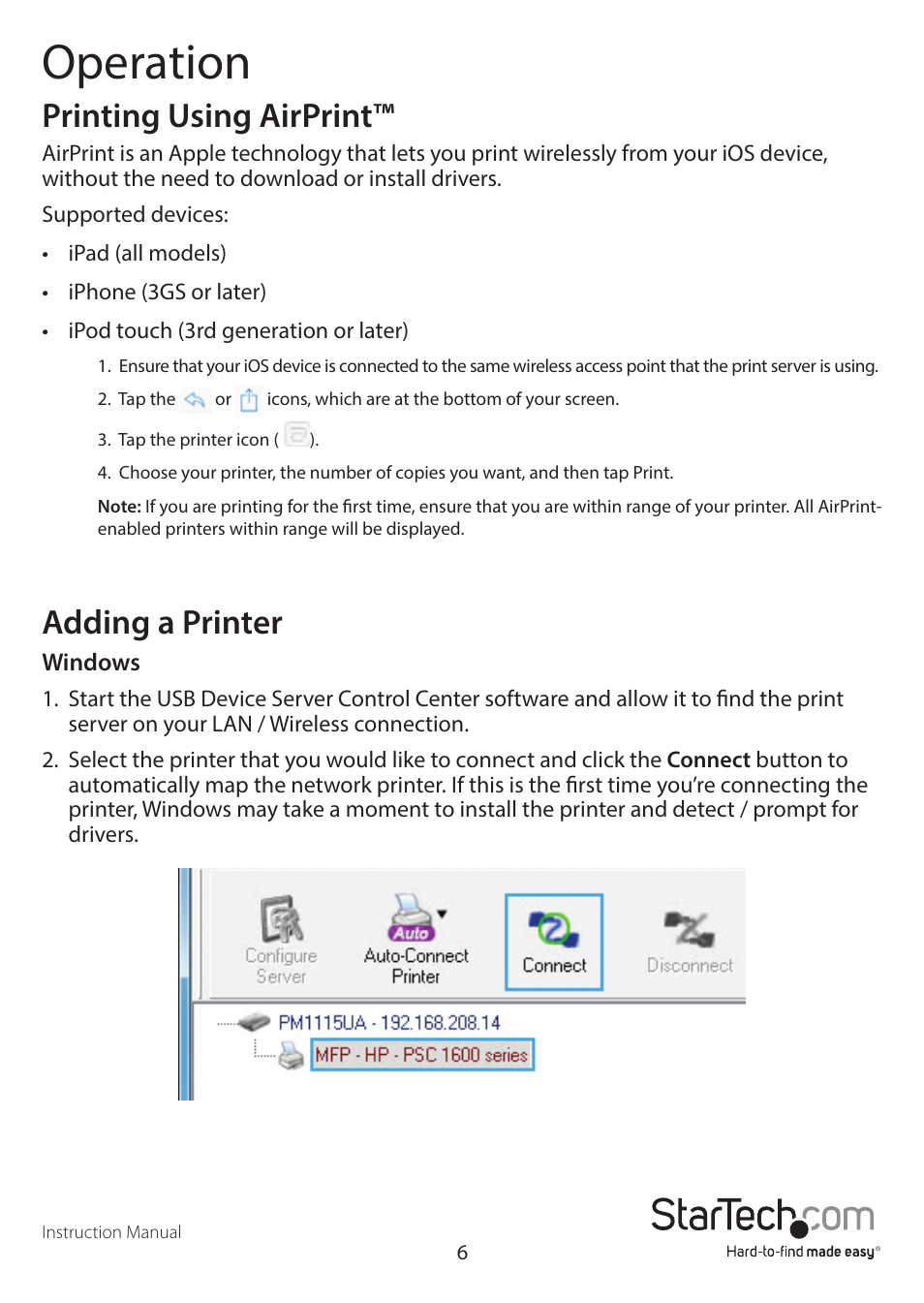 Operation, Printing using airprint, Adding a printer | StarTech.com PM1115UA User Manual | Page 10 / 14