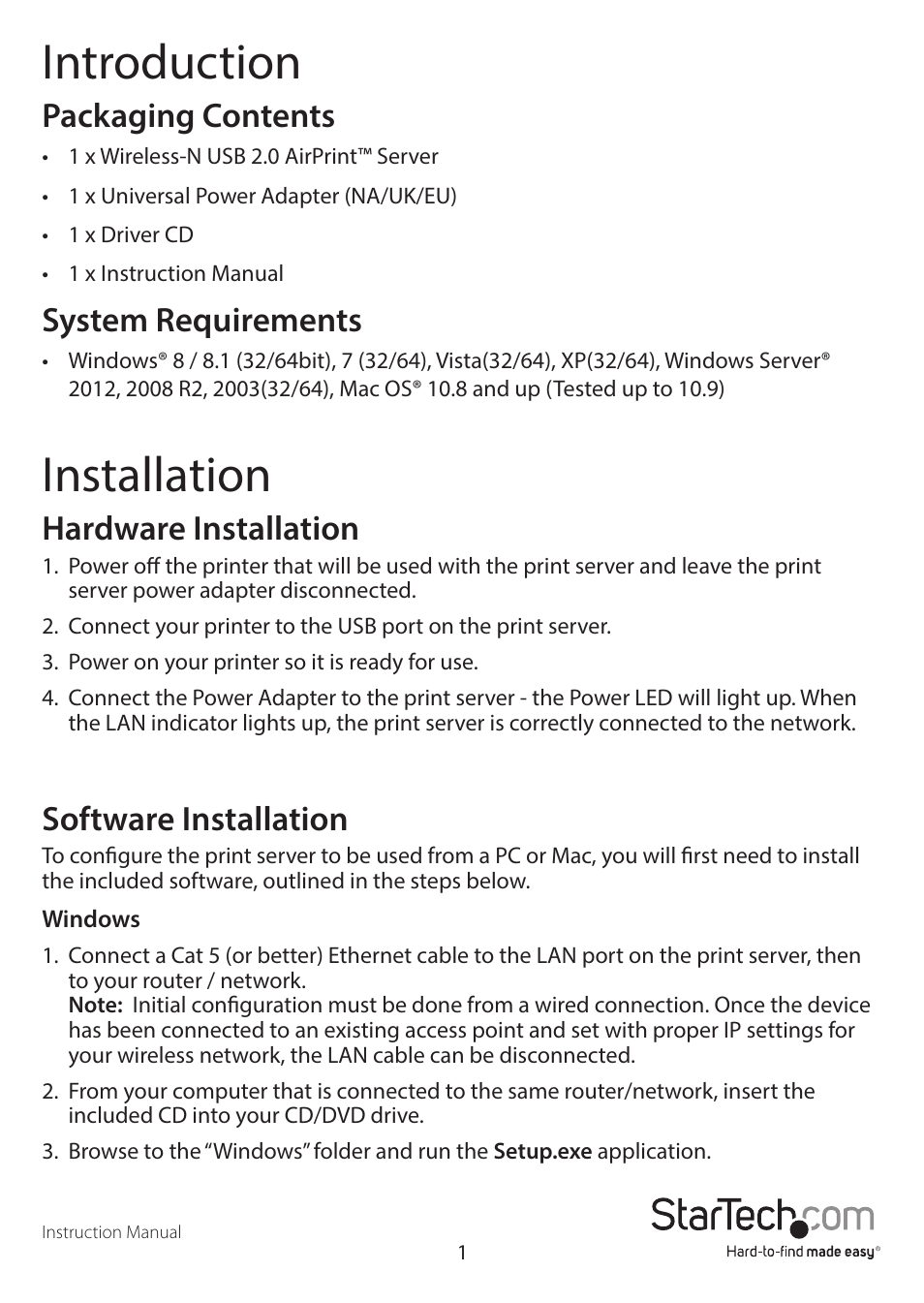 Introduction, Installation, Packaging contents | System requirements, Hardware installation, Software installation | StarTech.com PM1115UA User Manual | Page 5 / 14