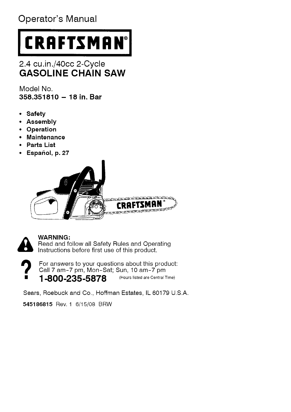 Craftsman 358.351810 User Manual | 26 pages
