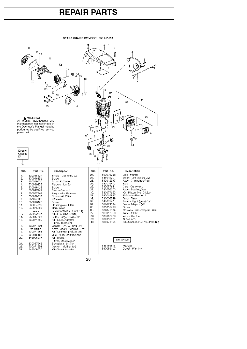 Repair parts | Craftsman 358.351810 User Manual | Page 26 / 26