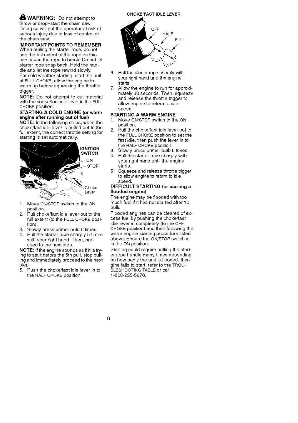 A warning, Important points to remember, Starting a warm engine | Difficult starting (or starting a flooded engine) | Craftsman 358.351810 User Manual | Page 9 / 26