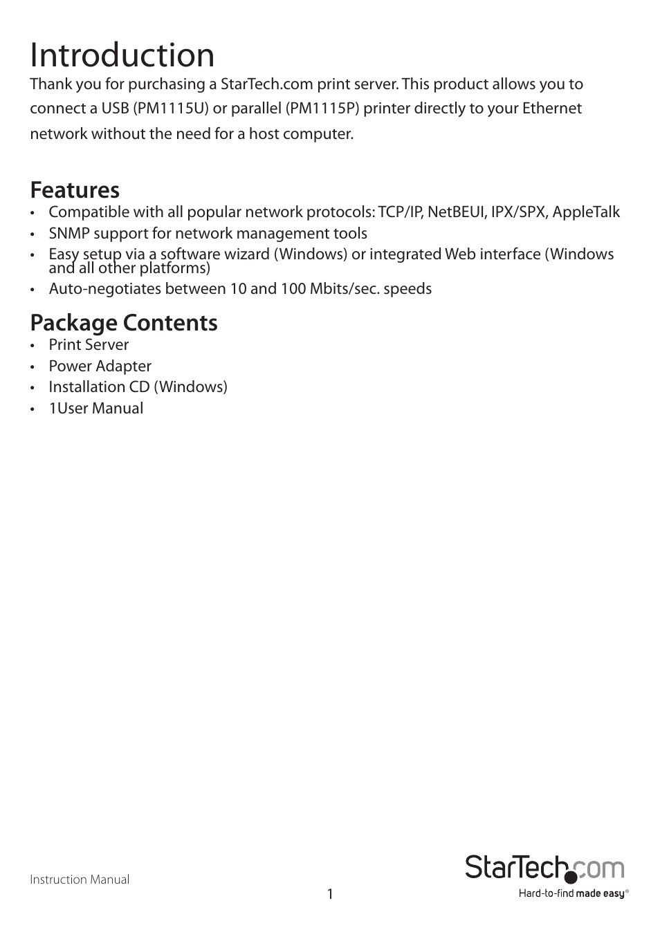 Introduction, Features, Package contents | StarTech.com PM1115U User Manual | Page 4 / 12