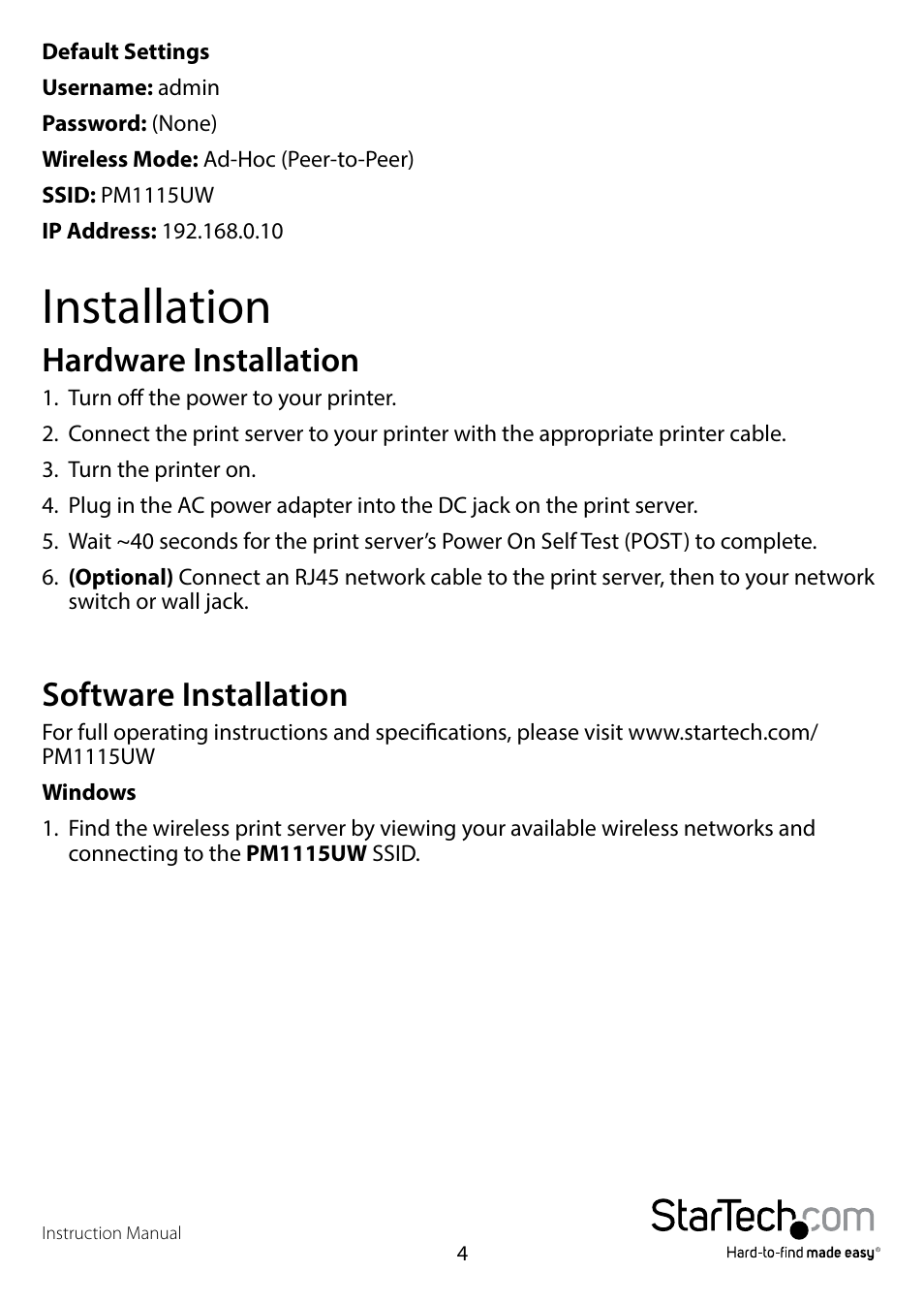 Installation, Hardware installation, Software installation | Hardware installation software installation | StarTech.com PM1115UWGB User Manual | Page 8 / 21