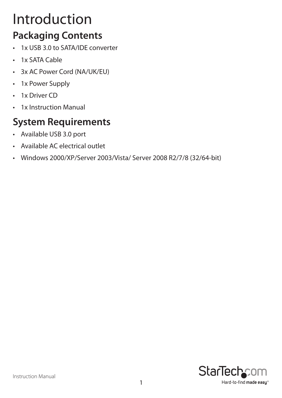 Introduction, Packaging contents, System requirements | StarTech.com USB3SSATAIDE User Manual | Page 4 / 12