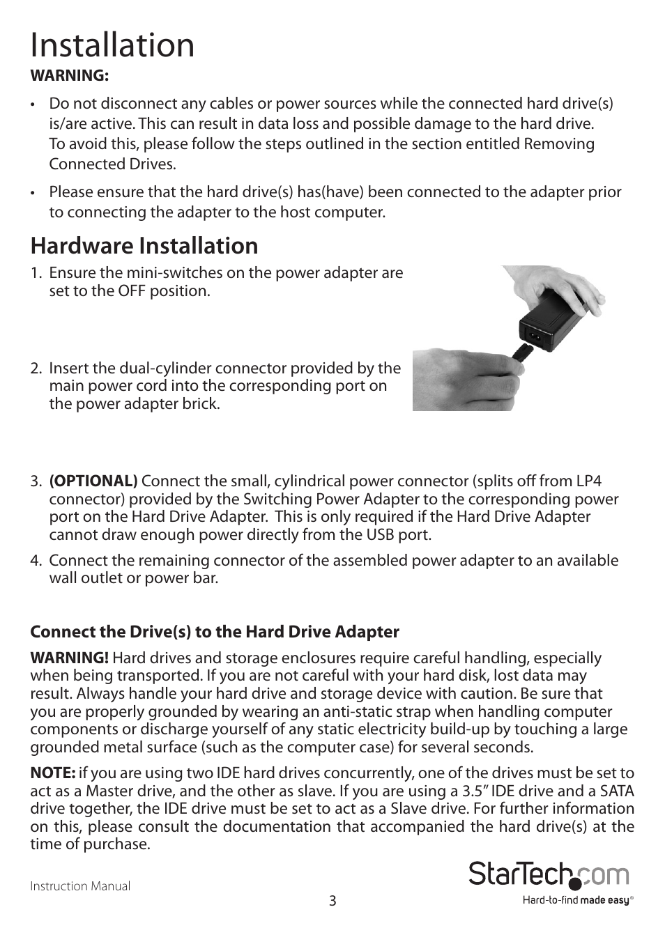 Installation, Hardware installation | StarTech.com USB3SSATAIDE User Manual | Page 6 / 12