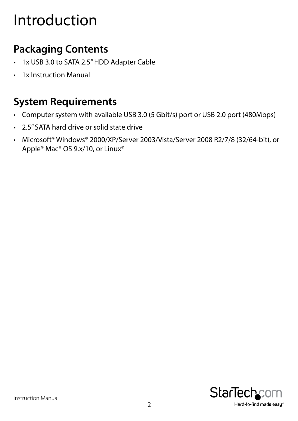 Introduction, Packaging contents, System requirements | Packaging contents system requirements | StarTech.com USB3S2SAT3CB User Manual | Page 5 / 11