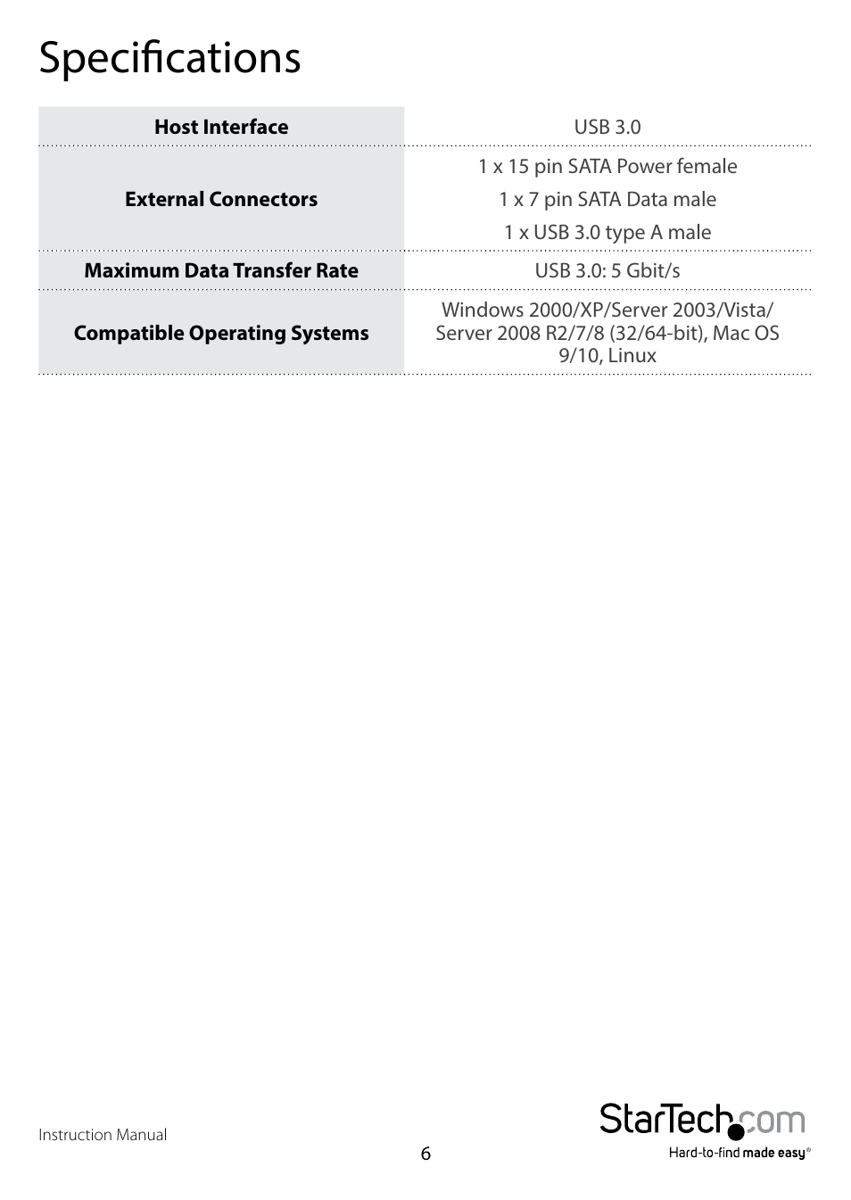Specifications | StarTech.com USB3S2SAT3CB User Manual | Page 9 / 11