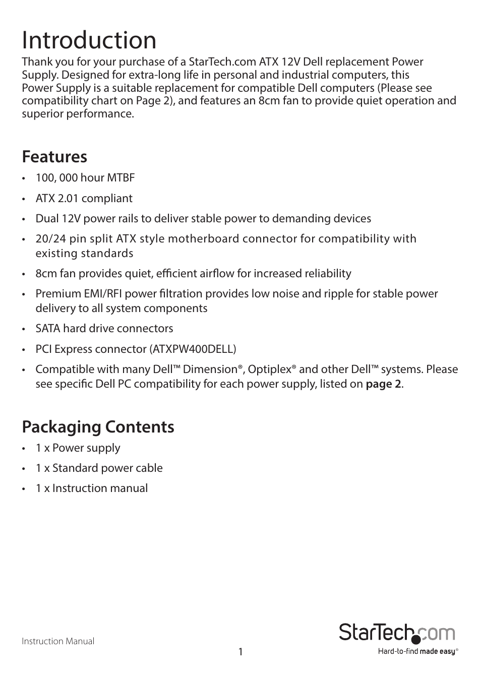 Introduction, Features, Packaging contents | StarTech.com ATXPW400DELL User Manual | Page 4 / 11