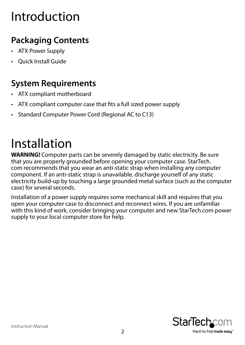 Introduction, Packaging contents, System requirements | Installation, Packaging contents system requirements | StarTech.com ATX2PW450GO User Manual | Page 4 / 13