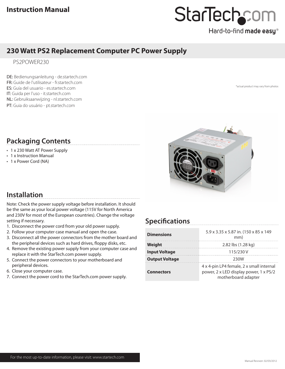 StarTech.com PS2POWER230 User Manual | 2 pages