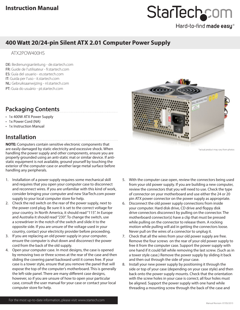 StarTech.com ATX2POW400HS User Manual | 2 pages