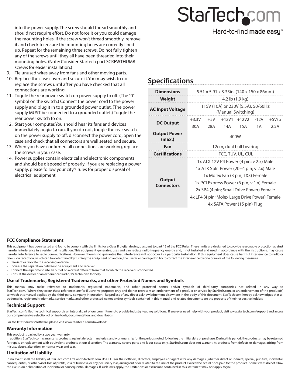 Specifications | StarTech.com ATX2POW400HS User Manual | Page 2 / 2