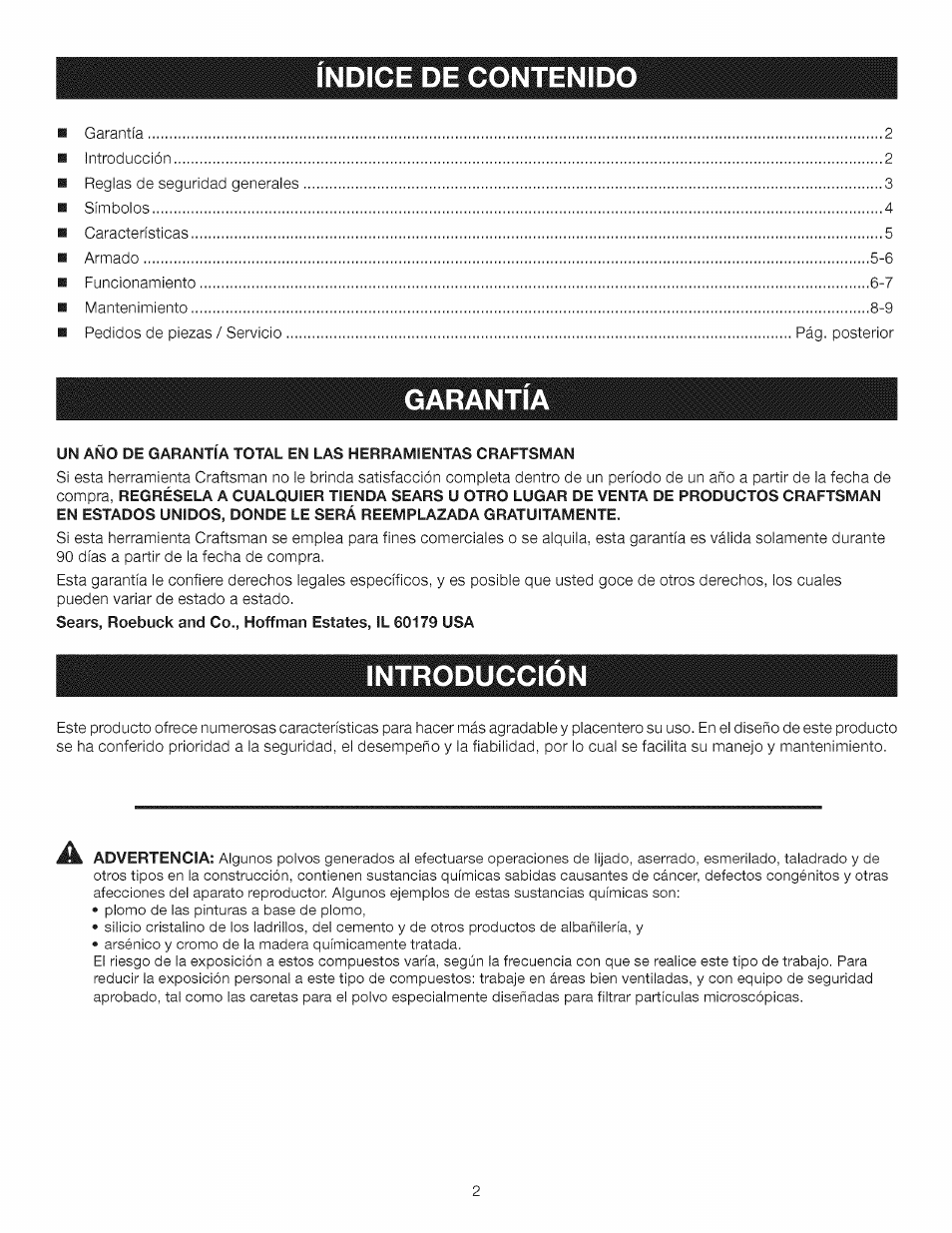 Indice de contenid, Garantia, Introduccion | Craftsman 315.115930 User Manual | Page 12 / 20