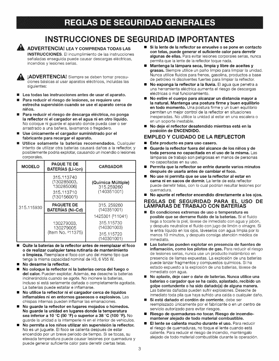 Reglas de seguridad generales, Instrucciones de seguridad importantes | Craftsman 315.115930 User Manual | Page 13 / 20