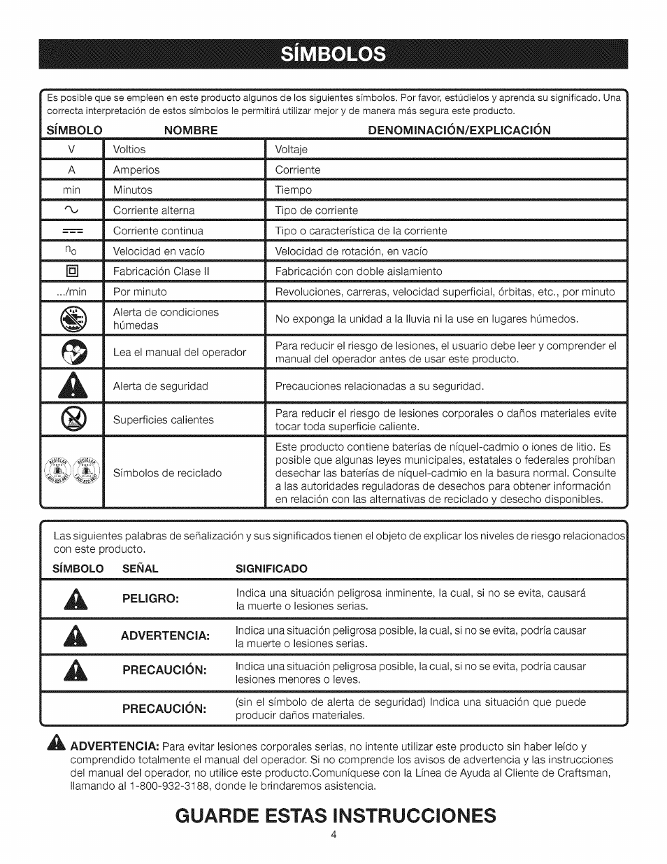 Simbolos, Símbolos, Guarde estas instrucciones | Craftsman 315.115930 User Manual | Page 14 / 20