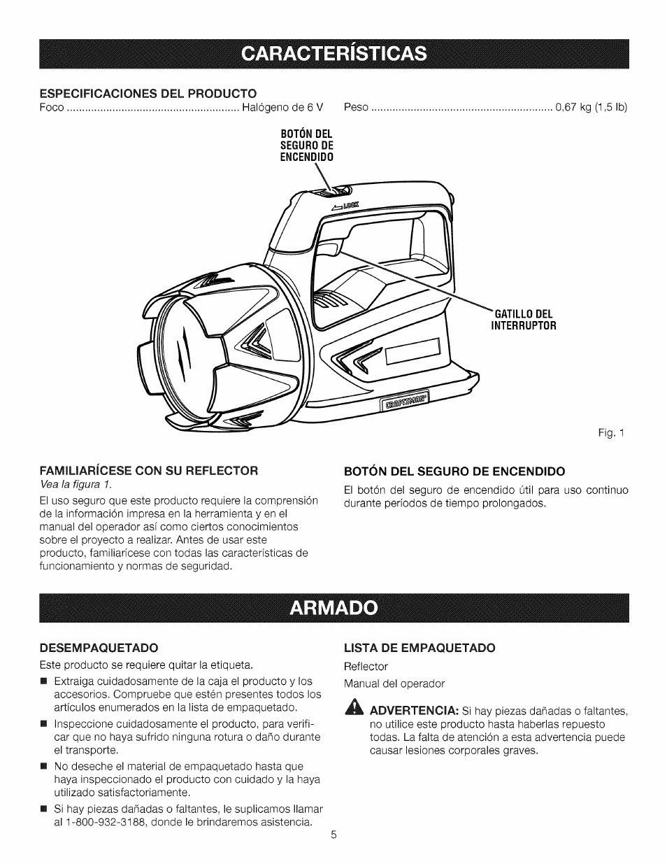 Caracteristica, Armado, Características | Armado -6 | Craftsman 315.115930 User Manual | Page 15 / 20