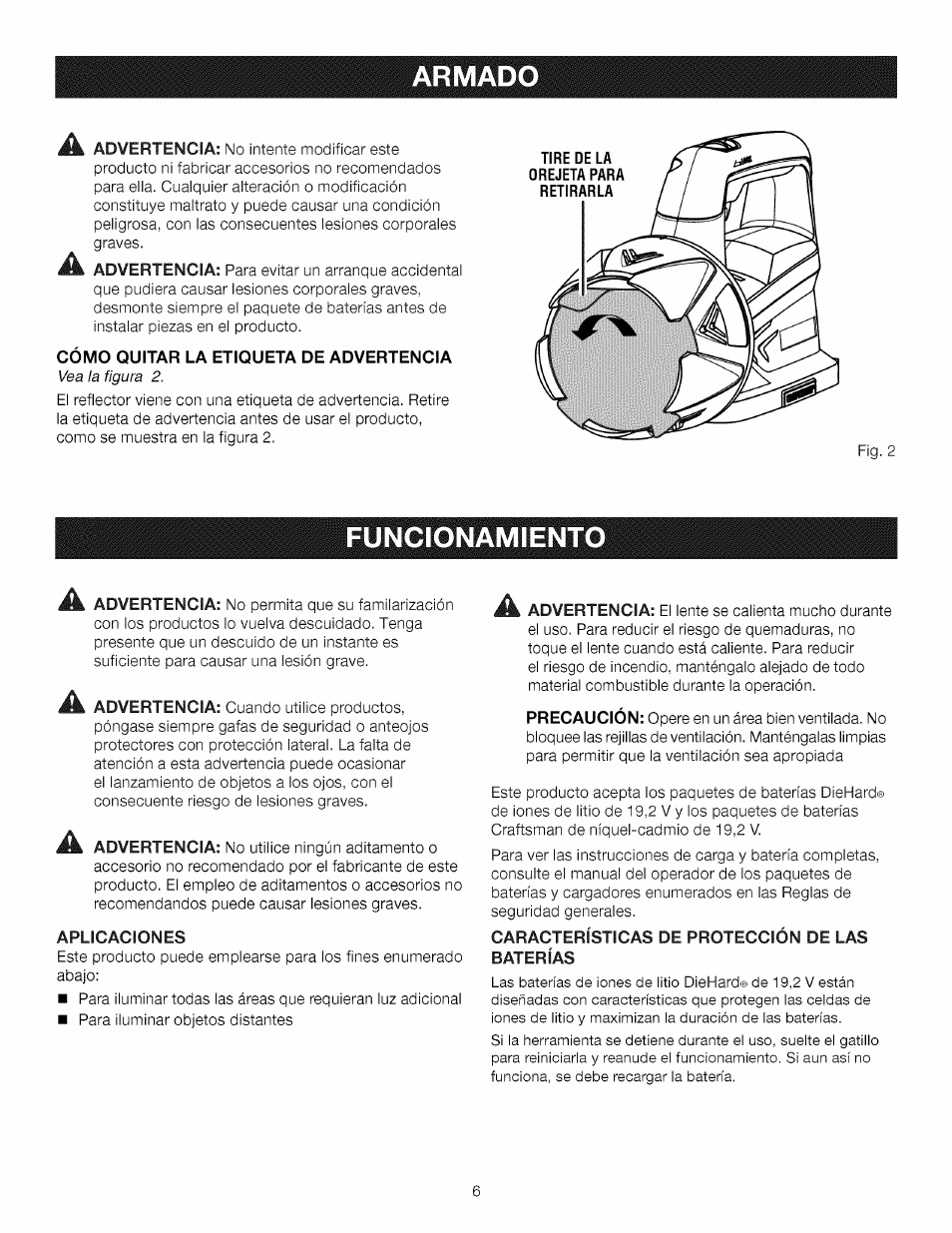 Armado, Funcionamiento, Funcionamiento -7 | Craftsman 315.115930 User Manual | Page 16 / 20