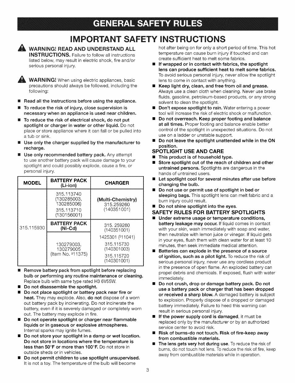 General safety rules, Important safety instructions | Craftsman 315.115930 User Manual | Page 3 / 20