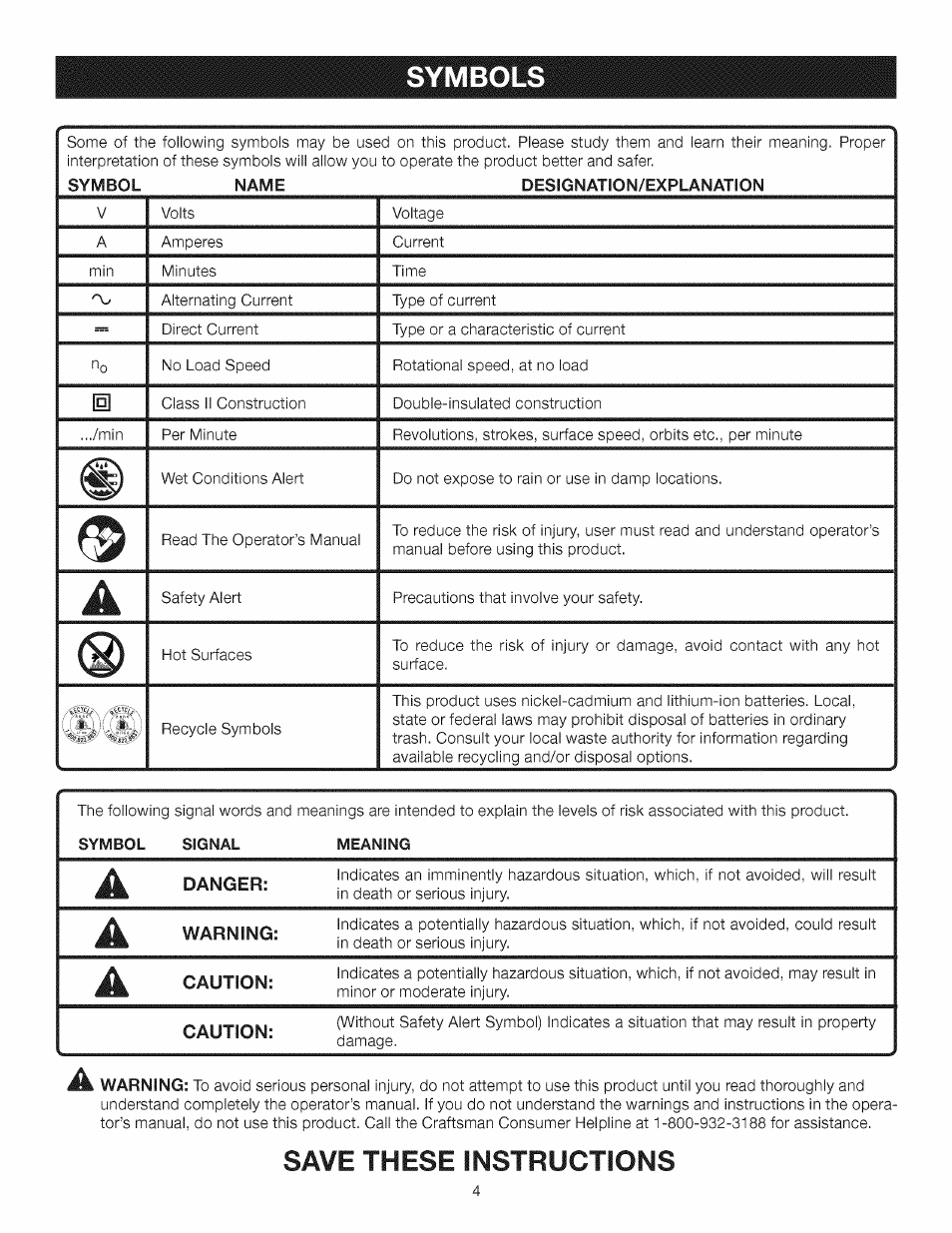 Symbols, Save these instructions | Craftsman 315.115930 User Manual | Page 4 / 20