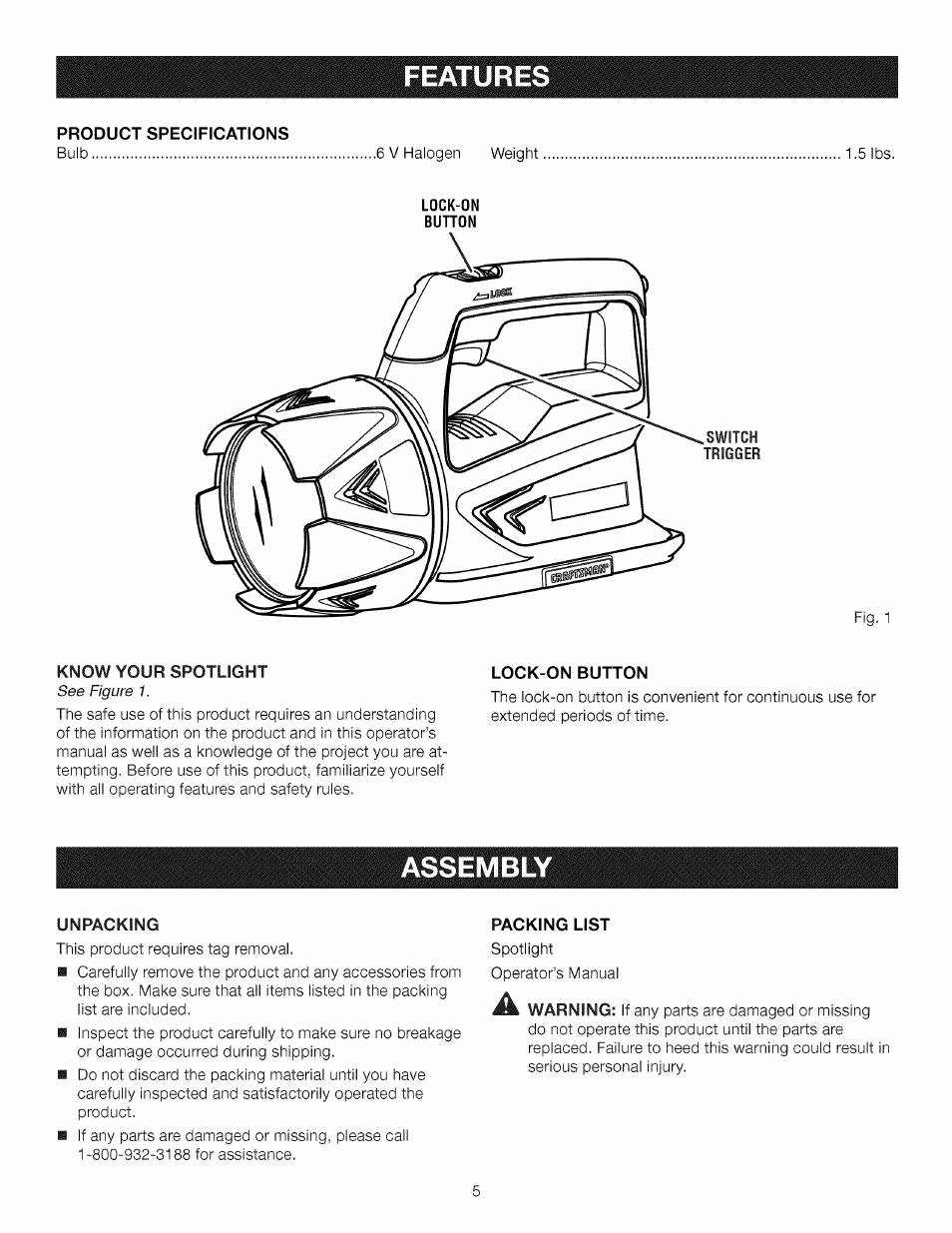 Features, Assembly, Assembly -6 | Craftsman 315.115930 User Manual | Page 5 / 20