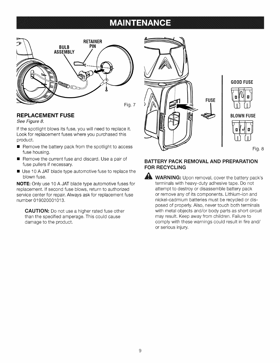 Maintenanc, Replacement fuse | Craftsman 315.115930 User Manual | Page 9 / 20