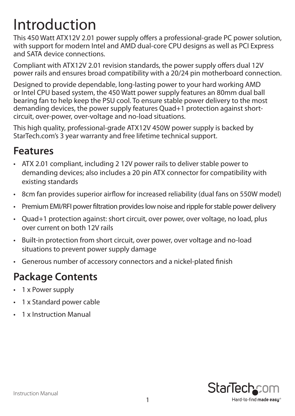 Introduction, Features, Package contents | StarTech.com ATX2PW550PRO User Manual | Page 4 / 10