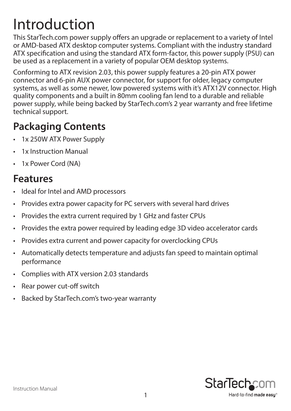 Introduction, Packaging contents, Features | StarTech.com ATXPOWR250GB User Manual | Page 4 / 8