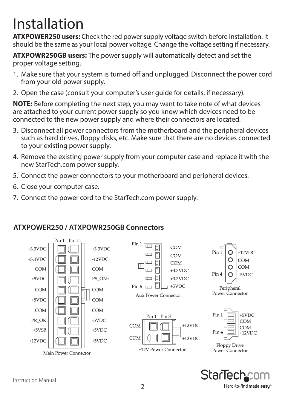 Installation | StarTech.com ATXPOWR250GB User Manual | Page 5 / 8