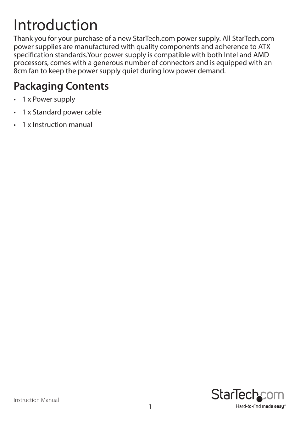 Introduction, Packaging contents | StarTech.com ATX2POWER450 User Manual | Page 4 / 9