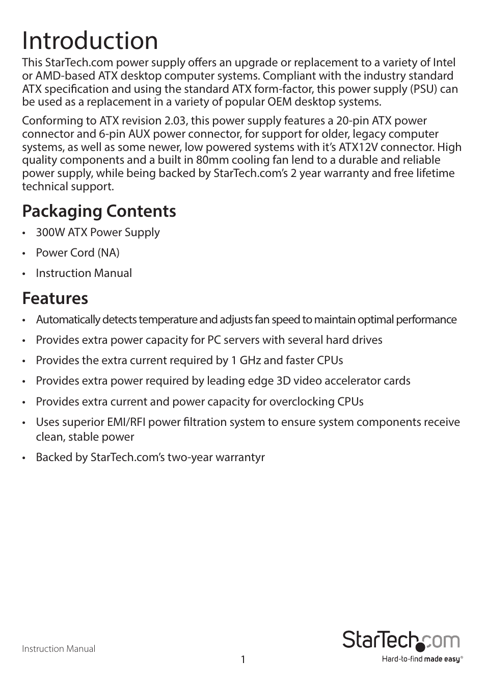 Introduction, Packaging contents, Features | StarTech.com ATXPOWR300GB User Manual | Page 4 / 8