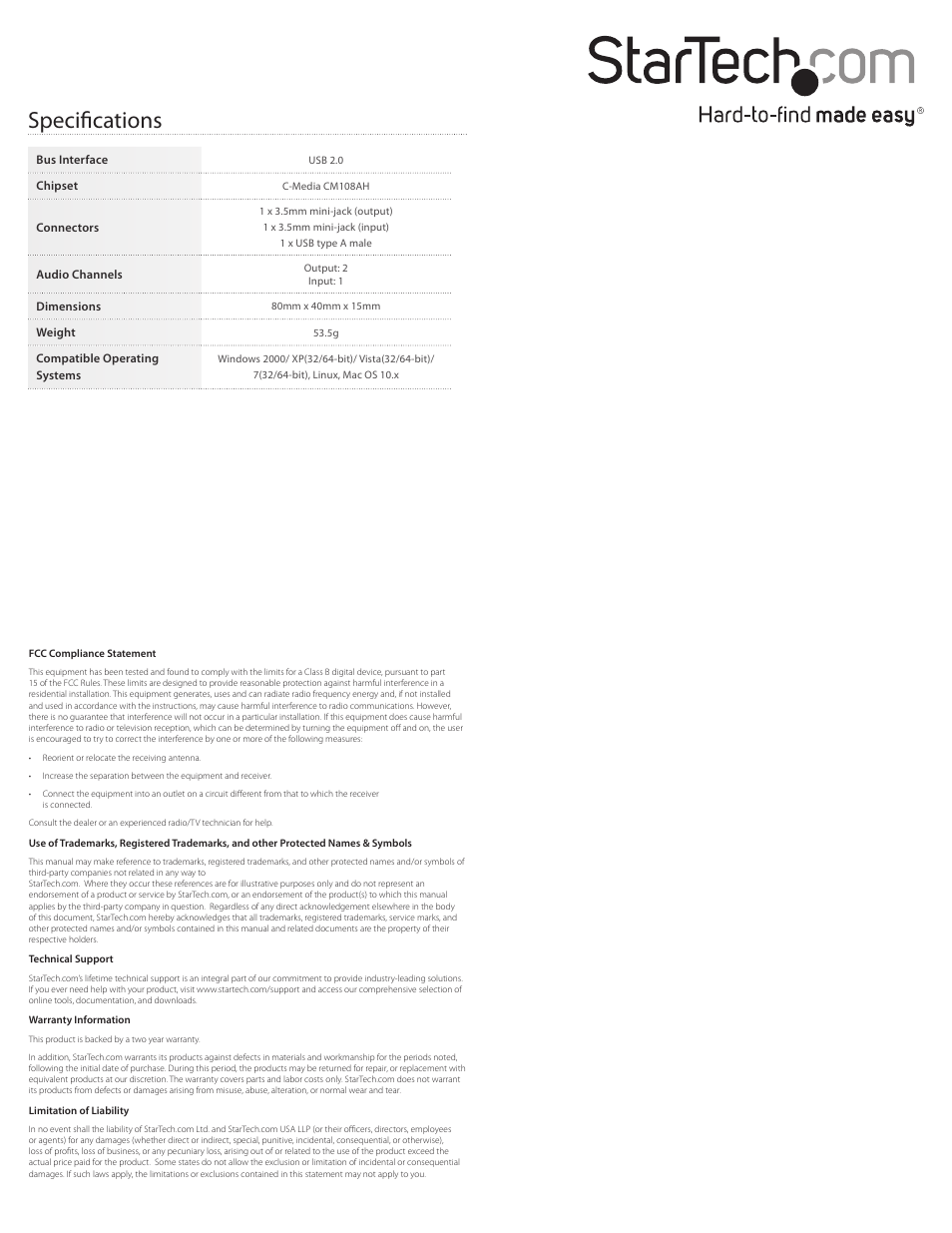 Specifications | StarTech.com ICUSBAUDIOB User Manual | Page 2 / 2