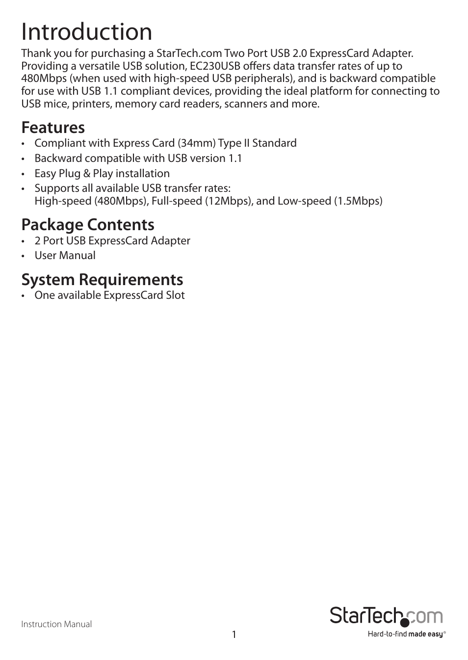 Introduction, Features, Package contents | System requirements | StarTech.com EC230USB User Manual | Page 3 / 7