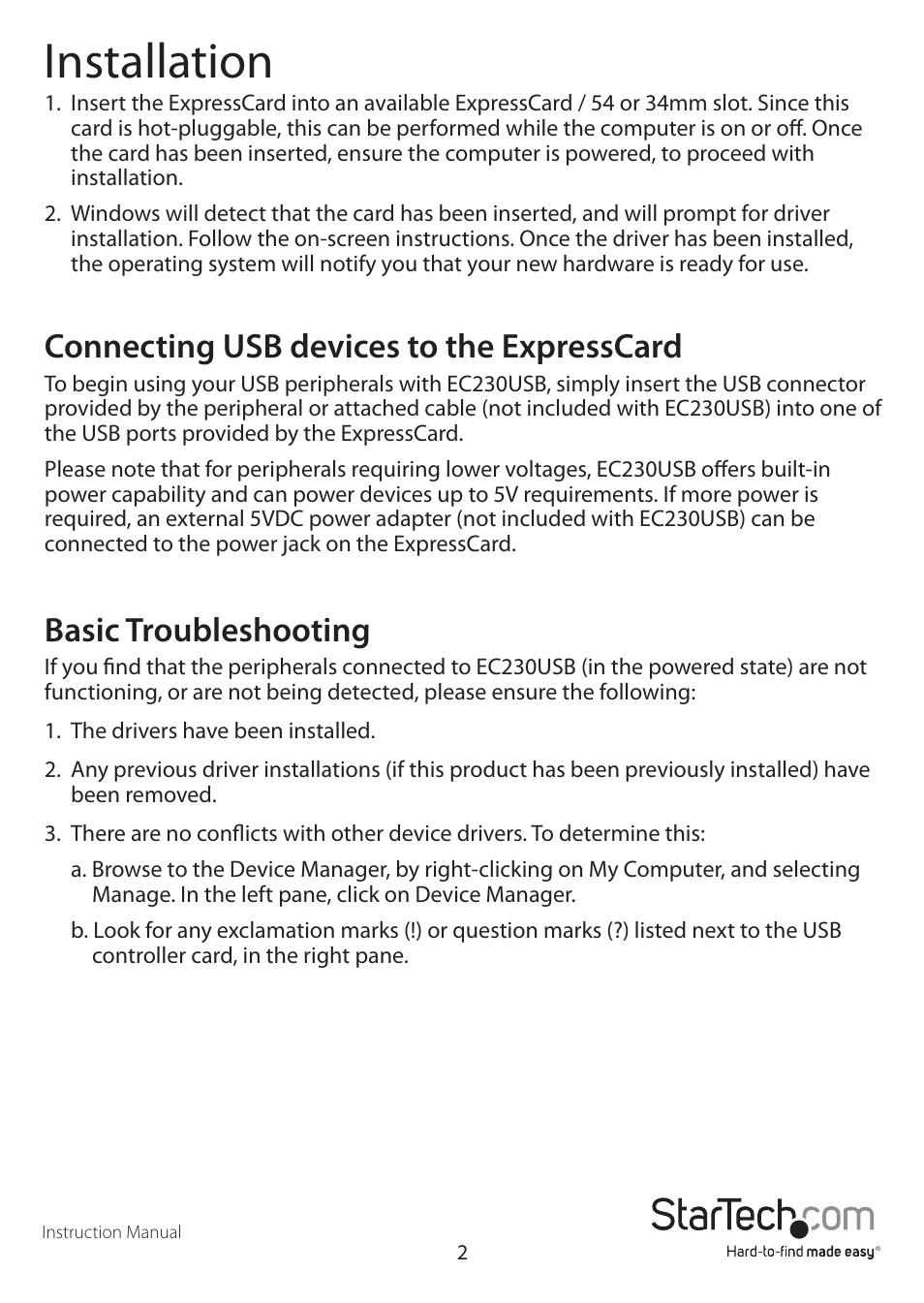 Installation, Connecting usb devices to the expresscard, Basic troubleshooting | StarTech.com EC230USB User Manual | Page 4 / 7