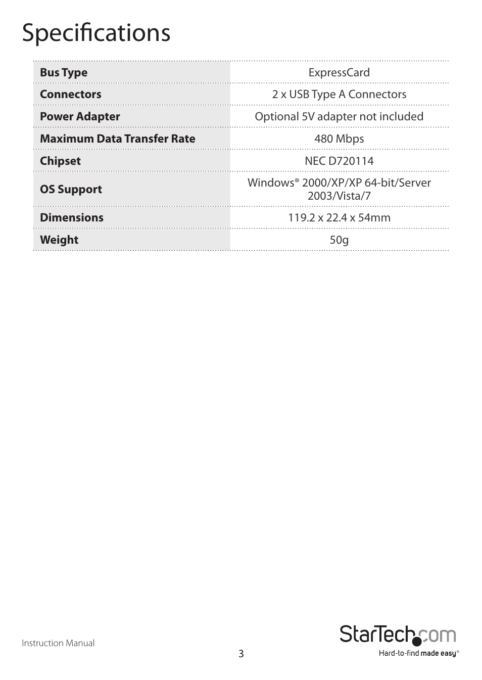 Specifications | StarTech.com EC230USB User Manual | Page 5 / 7
