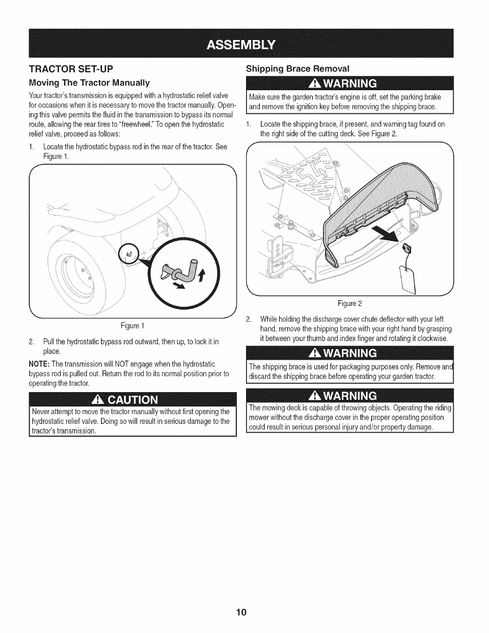 Moving the tractor manually, Shipping brace removal, Awarning | A caution, Assembly, Caution | Craftsman PGT9000 User Manual | Page 10 / 100