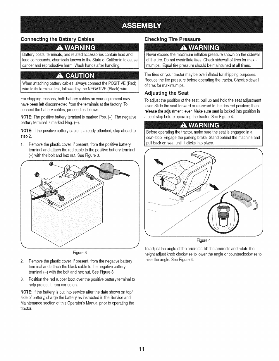 Connecting the battery cables, Awarning, A caution | Checking tire pressure, Adjusting the seat, Assembly | Craftsman PGT9000 User Manual | Page 11 / 100