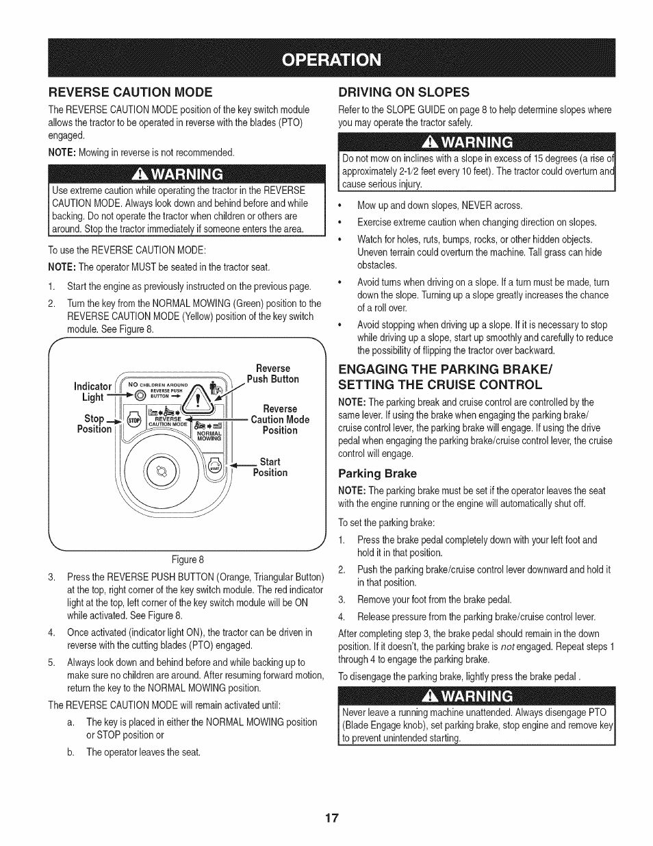 Awarning, Driving on slopes, Engaging the parking brake | Setting the cruise control, Parking brake, Operation | Craftsman PGT9000 User Manual | Page 17 / 100